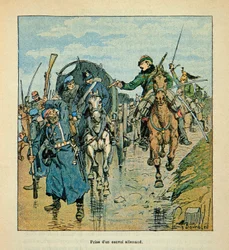 Het leger van de Loire door Eugene Sergent, alias Grenest, geïllustreerd door Louis Bombled (1862-1927) (Frans-Duitse Oorlog; campagne van 1870-1871): Inname van een Duitse konvooi door de Fransen tijdens de oorlog van 1870, Privécollectie