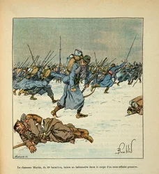 Het leger van de Loire door Eugene Sergent, alias Grenest, geïllustreerd door Louis Bombled (1862-1927) (Frans-Duitse Oorlog; campagne van 1870-1871): Slag bij Le Mans, januari 1871, de jager Martin van het 10e bataljon laat zijn bajonet in het lichaam van