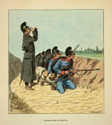 Het leger van de Loire door Eugene Sergeant, geïllustreerd door Louis Bombled: Beierse militair in een loopgraaf in 1870