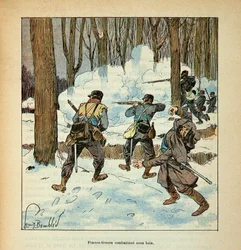 Het leger van de Loire door Eugene Sergent, geïllustreerd door Louis Bombled: Franse scherpschutters in het bos