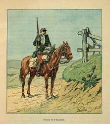 Het leger van de Loire door Eugene Sergent, geïllustreerd door Louis Bombled: Ster van de 6e huzaren, betrokken bij de slag bij Toury in oktober 1870