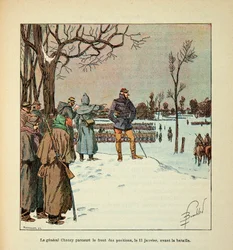 Het leger van de Loire door Eugene Sergent, alias Grenest, geïllustreerd door Louis Bombled (1862-1927) (Frans-Duitse Oorlog; campagne van 1870-1871): Generaal Chanzy bezoekt de frontposities op 11 januari voor de slag, Privécollectie