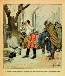 Het Oostelijke Leger van Eugene Sergeant, geïllustreerd door Louis Bombled (1862-1927): Kapitein Gaucher geeft zelfs midden in de winter niet op met de zorg voor zijn toilet, Privécollectie