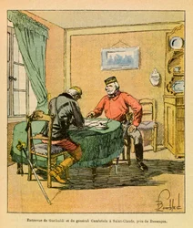 Het Oostelijke Leger van Eugene Sergeant, bekend als Grenest, geïllustreerd door Louis Bombled (1862-1927) (Frans-Duitse Oorlog; campagne van 1870-1871): Interview van Garibaldi en generaal Cambriels bij Saint Claude nabij Besancon in oktober 1870, Privéco