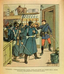 Het Oostelijke Leger van Eugene Sergeant, alias Grenest, geïllustreerd door Louis Bombled (1862-1927) (Frans-Duitse Oorlog; campagne van 1870-1871): In Contrexeville, de onverschrokken luitenant Coumes nam na het beklimmen van het gemeentehuis 16 Pruisen g