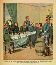Het Oostelijke Leger van Eugene Sergeant, bekend als Grenest, geïllustreerd door Louis Bombled (1862-1927) (Frans-Duitse Oorlog; campagne van 1870-1871): in Rougemont kregen de Duitse officieren, voordat ze vertrokken, van de meesteres van het huis waar ze
