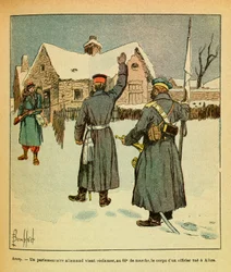 Het oostelijke leger van Eugene Sergeant, geïllustreerd door Louis Bombled: Januari 1871-Arcey, een Duitse parlementariër komt het lichaam van een officier opeisen bij de 60e mars, gedood in Aibre