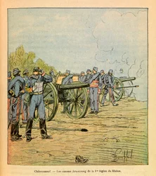 De Oostelijke Armee van Eugene Sergeant, bekend als Grenest, geïllustreerd door Louis Bombled: Voor Chateauneuf, de Armstrong-kanonnen van het Eerste Legioen van de Rhône in december 1870