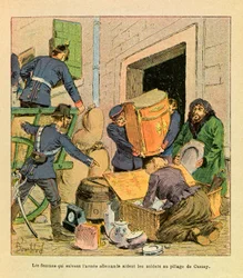 De Oostelijke Armee van Eugene Sergeant, bekend als Grenest, geïllustreerd door Louis Bombled: De vrouwen die het Duitse leger volgen hielpen de soldaten de stad Cussey te plunderen na de inname in oktober 1870