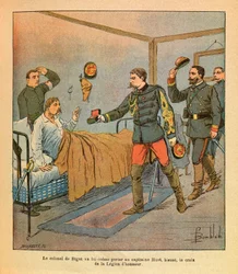 Het Oostelijke Leger van Eugene Sergeant, genaamd Grenest, geïllustreerd door Louis Bombled (1862-1927) (Frans-Duitse Oorlog; campagne van 1870-1871): Kolonel De Bigot bracht zelf Kapitein Huot het kruis van het Legioen van Eer na de gevechten van Voujeauc