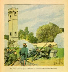 Het Oostelijke Leger van Eugène Sergeant, genaamd Grenest, geïllustreerd door Louis Bombled (1862-1927) (Frans-Duitse Oorlog; veldtocht van 1870-1871): verdediging van Dijon in oktober 1870, de nationale gardisten van Dijon verdedigen de hoogten van