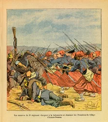 Het Oostelijke Leger van Eugene Sergeant, bekend als Grenest, geïllustreerd door Louis Bombled (1862-1927) (Frans-Duitse Oorlog; campagne van 1870-1871): De Zouaven van het 3e Regiment chargeerden met bajonet en verdreven de Pruisen uit het dorp Auxon-Dess