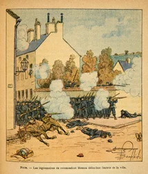 Het Oostelijke Leger van Eugene Sergeant, geïllustreerd door Louis Bombled (1862-1927): Slag bij Nuits-Saint-Georges, de Legionairs van Commandant Mouton verdedigen de ingang van de stad, Privécollectie
