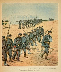 Het Oostelijke Leger van Eugene Sergeant, geïllustreerd door Louis Bombled (1862-1927): In Provenchères, de gemobiliseerden van het 2e Legioen van de Haute-Marne gedwongen zich terug te trekken onder het aantal vijanden