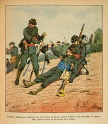 Het Oostelijke Leger van Eugene Sergeant, bekend als Grenest, geïllustreerd door Louis Bombled (1862-1927) (Frans-Duitse Oorlog; campagne van 1870-1871): Slag bij Nuits Saint Georges, de kledingsofficier Deloupy van het 2e Legioen van de Rhône neemt het ge
