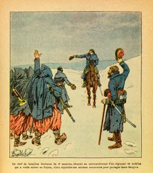 Het Leger van het Oosten van Eugène Sergeant, bekend als Grenest, geïllustreerd door Louis Bombled (1862-1927) (Frans-Duitse Oorlog; veldtocht van 1870-1871): De leider van de Barberet-bataljons van het 4e regiment zoeaven wordt gedetacheerd om het bevel
