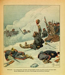 Het Oostelijke Leger van Eugene Sergeant, bekend als Grenest, geïllustreerd door Louis Bombled (1862-1927) (Frans-Duitse Oorlog; campagne van 1870-1871): januari 1871, Hericourt, de commandant van Costa de Beauregard valt, zijn dijbeen breekt door een koge