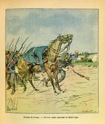 Het Oostelijke Leger van Eugene Sergeant, bekend als Grenest, geïllustreerd door Louis Bombled (1862-1927) (Frans-Duitse Oorlog; campagne van 1870-1871): november 1870, tijdens de gevechten van Brazey, wordt de Pruisische majoor Saint Ange neergeschoten, P
