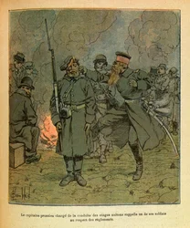 Een Pruisische kapitein verantwoordelijk voor de begeleiding van de gijzelaars van Nuits Saint Georges roept een van zijn soldaten terug