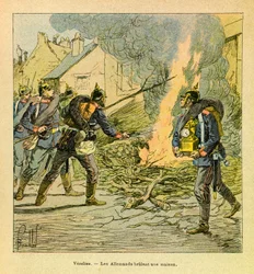 In Vezelise, de Pruisen na het binnenvallen van de stad, branden een huis