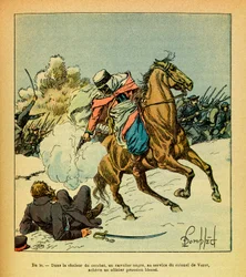 Het Oostelijke Leger van Eugène Sergeant, bekend als Grenest, geïllustreerd door Louis Bombled (1862-1927) (Frans-Duitse Oorlog; veldtocht van 1870-1871): januari 1871, een zwarte ruiter in dienst van kolonel De Vezet maakt een gewonde Pruisische officier
