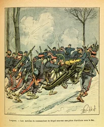 Het Oostelijke Leger van Eugene Sergeant, alias Grenest, geïllustreerd door Louis Bombled (1862-1927) (Frans-Duitse Oorlog; campagne van 1870-1871): december 1870, tijdens de Slag bij Longeau, redden de motieven van de commandant van Regel een kanon onder 