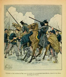 Het Oostelijke Leger van Eugene Sergeant, bekend als Grenest, geïllustreerd door Louis Bombled (1862-1927) (Frans-Duitse Oorlog; campagne van 1870-1871): januari 1871, Hericourt, de motieven van de Var, onder bevel van commandant Saint Martin, jagen de Uhl