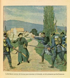 Het Oostelijke Leger van Eugene Sergeant, bekend als Grenest, geïllustreerd door Louis Bombled (1862-1927) (Frans-Duitse Oorlog; campagne van 1870-1871): Abbe Barret verlaat Devecey om zich bij de Fransen aan te sluiten, werd gevangen genomen door de Pruis