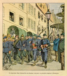 Het Oostelijke Leger van Eugene Sergeant, bekend als Grenest, geïllustreerd door Louis Bombled (1862-1927) (Frans-Duitse Oorlog; campagne van 1870-1871): Kapitein Huot daalt Rue Battant af in Besançon met Pruisische gevangenen gevangen in Bethoncourt les B