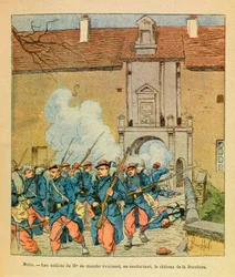 De Oostelijke Armee van Eugene Sergeant, bekend als Grenest, geïllustreerd door Louis Bombled: Slag bij Nacht Saint Georges; de soldaten van de 32e evacueren terwijl ze vechten om het kasteel van La Berc
