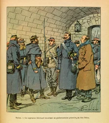 Het Oostelijke Leger van Eugene Sergeant, bekend als Grenest, geïllustreerd door Louis Bombled (1862-1927) (Frans-Duitse Oorlog; campagne van 1870-1871): Salins, Kapitein Brichard ontvangt een Pruisische parlementariër bij Fort Belin in Salins les Bains, P