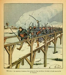 Het Oostelijke Leger van Eugene Sergeant, bekend als Grenest, geïllustreerd door Louis Bombled (1862-1927) (Frans-Duitse Oorlog; campagne van 1870-1871): Januari 1871, Hericourt, Kapitein Grosliers en motieven van de Puy de Dome steken de Doubs over onder 