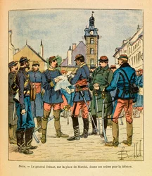 Het Oostelijke Leger van Eugene Sergeant, bekend als Grenest, geïllustreerd door Louis Bombled (1862-1927) (Frans-Duitse Oorlog; campagne van 1870-1871): Slag bij Nuits Saint Georges; Generaal Cremer op het Marcheplein geeft zijn bevelen voor de verdedigin