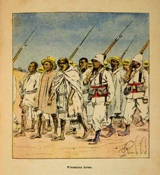 De oorlog in Madagaskar - Anekdotische geschiedenis van de Franse expedities van 1885-1895 door Henri Galli, geïllustreerd door Louis Bombled: Hovas gevangenen in 1895
