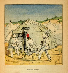 De oorlog in Madagaskar - Anekdotische geschiedenis van de Franse expedities van 1885-1895 door Henri Galli, geïllustreerd door Louis Bombled: Militair veldhospitaal in Madagaskar in 1895