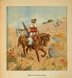 De oorlog in Madagaskar - Anekdotische geschiedenis van de Franse expedities van 1885-1895 door Henri Galli, geïllustreerd door Louis Bombled: Afrikaanse jager op verkenning in Madagaskar in 1895