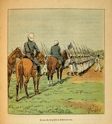 De oorlog in Madagaskar - Anekdotische geschiedenis van de Franse expedities van 1885-1895 door Henri Galli, geïllustreerd door Louis Bombled: Revue van de troepen op 14 juli