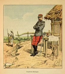 De oorlog in Madagaskar - Anekdotische geschiedenis van de Franse expedities van 1885-1895 door Henri Galli, geïllustreerd door Louis Bombled: Portret van generaal Metzinger in Madagaskar in 1895