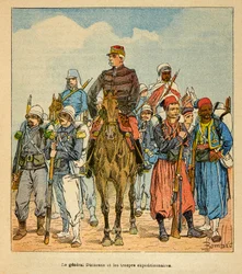 De oorlog in Madagaskar - Anekdotische geschiedenis van de Franse expedities van 1885-1895 door Henri Galli, geïllustreerd door Louis Bombled: Generaal Duchesne met de expeditietroepen van Madagaskar