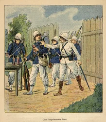 De oorlog in Madagaskar - Anekdotische geschiedenis van de Franse expedities van 1885-1895 door Henri Galli, geïllustreerd door Louis Bombled: Franse troepen bij de vergiftiger Shaw in 1884