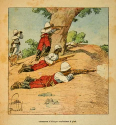 De oorlog in Madagaskar - Anecdotische geschiedenis van de Franse expedities van 1885-1895 door Henri Galli, geïllustreerd door Louis Bombled: Jagers van Afrika vechten te voet in Madagaskar in 1895, privécollectie