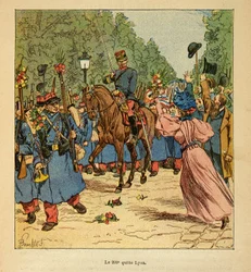De oorlog in Madagaskar - Anecdotische geschiedenis van de Franse expedities van 1885-1895 door Henri Galli, geïllustreerd door Louis Bombled: De 200e linie vertrekt uit Lyon naar Madagaskar in 1895, privécollectie