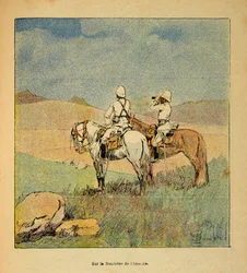 De oorlog in Madagaskar - Anecdotische geschiedenis van de Franse expedities van 1885-1895 door Henri Galli, geïllustreerd door Louis Bombled: Militairen op verkenning aan de grens van Imerne naar Madagaskar in 1895