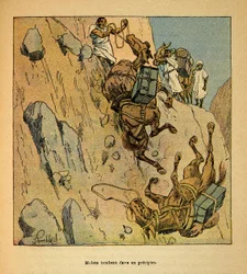 De oorlog in Madagaskar-Anekdotische geschiedenis van de Franse expedities van 1885-1895 door Henri Galli, geïllustreerd door Louis Bombled: Muilezels van een militair konvooi vallen in een afgrond