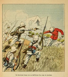 De oorlog in Madagaskar-Anekdotische geschiedenis van de Franse expedities van 1885-1895 door Henri Galli, geïllustreerd door Louis Bombled: Luitenant Grss doodt een Hova-hoofd tijdens de Tsarasaotra-gevechten in 1895