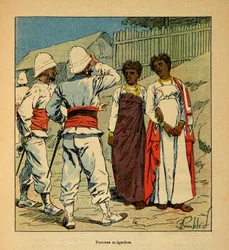 De oorlog in Madagaskar - Anecdotische geschiedenis van de Franse expedities van 1885-1895 door Henri Galli, geïllustreerd door Louis Bombled: Franse soldaten sympathiseren met Malagassische vrouwen