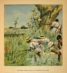 De oorlog in Madagaskar - Anecdotische geschiedenis van de Franse expedities van 1885-1895 door Henri Galli, geïllustreerd door Louis Bombled: Hovas Tirailleurs vallen het leger aan dat een weg bouwt in 1895