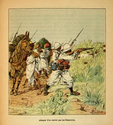 De oorlog in Madagaskar - Anecdotische geschiedenis van de Franse expedities van 1885-1895 door Henri Galli, geïllustreerd door Louis Bombled: Aanval op een militair konvooi door de Fahavolos