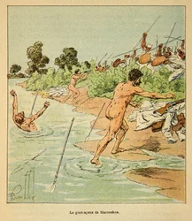 De oorlog in Madagaskar - Anecdotische geschiedenis van de Franse expedities van 1885-1895 door Henri Galli, geïllustreerd door Louis Bombled: Sakalaves vallen Franse onderhandelaars aan in Marosakoa in 1895