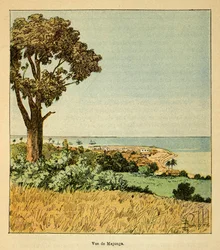 De oorlog in Madagaskar - Anecdotische geschiedenis van de Franse expedities van 1885-1895 door Henri Galli, geïllustreerd door Louis Bombled: Uitzicht op de stad Majunga in de 19e eeuw